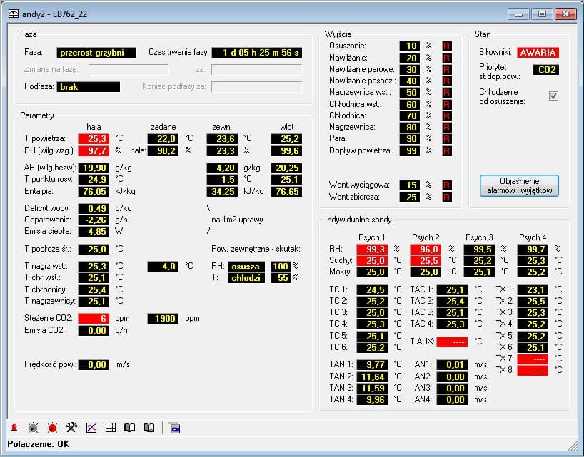 Экран измерений климат-контроллера грибницы LB-762, оснащенного дополнительной вставкой LB-762-IO